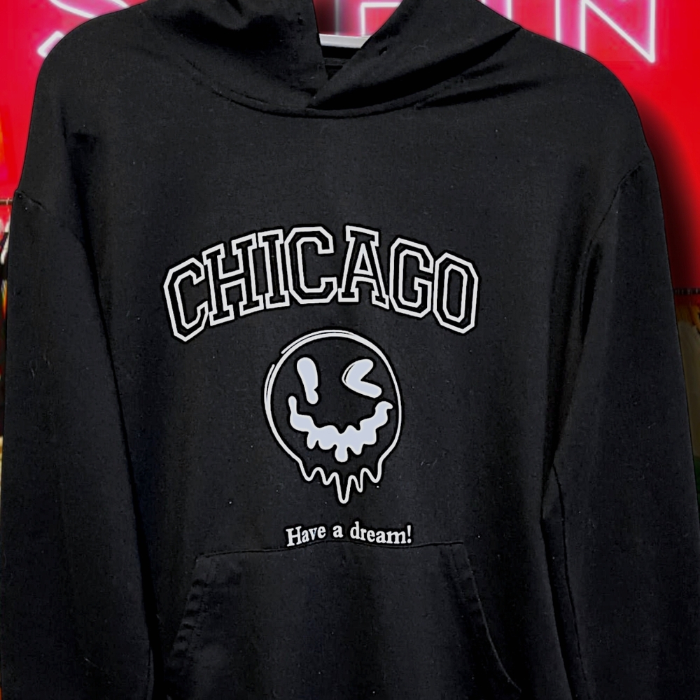 SHEIN Women's Chicago Smiley Face 🙂 ''Have a Dream'' Hoodie in Black Size Small